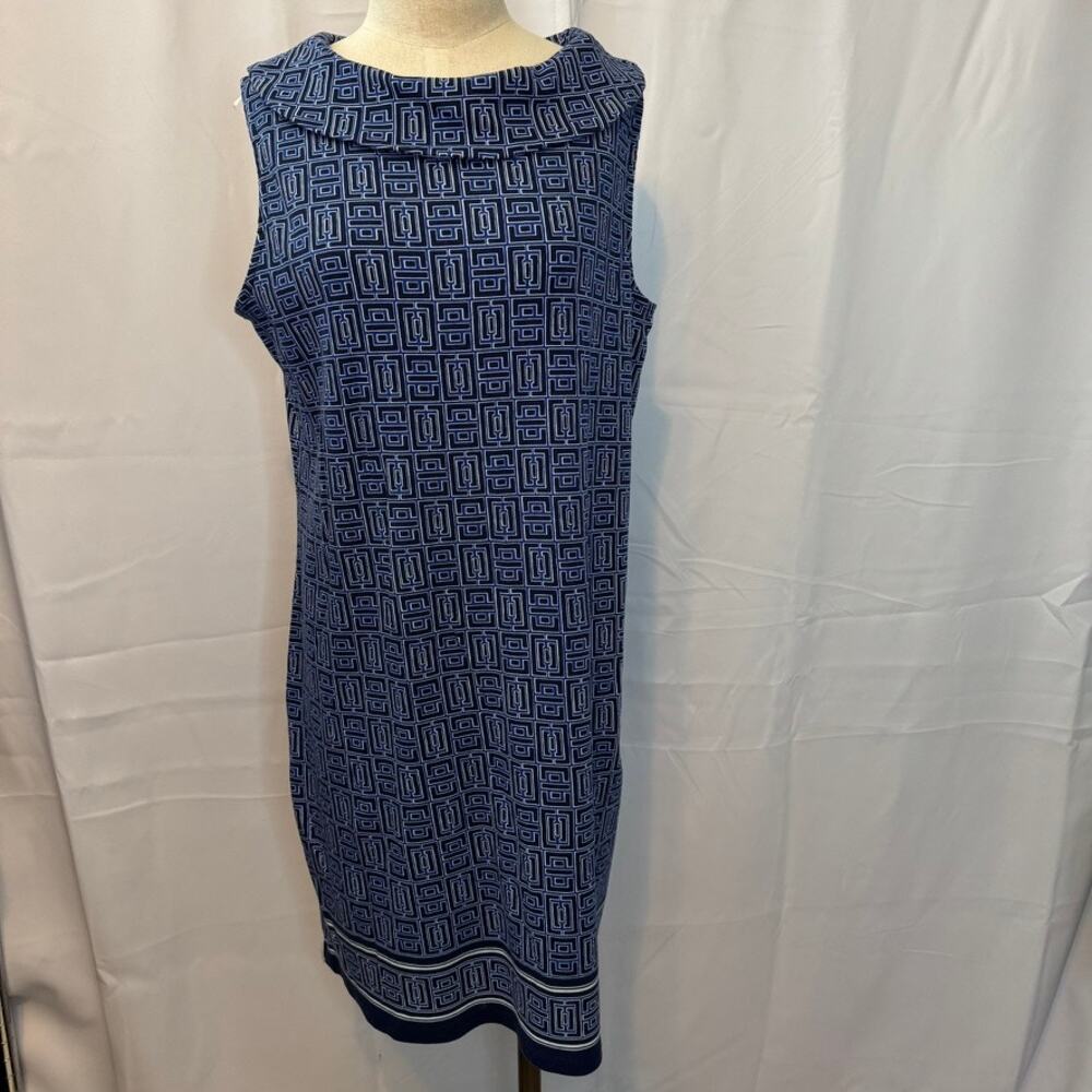 Rafaella 1X Blue Geometric Cotton Sleeveless Shift Dress Knee Length